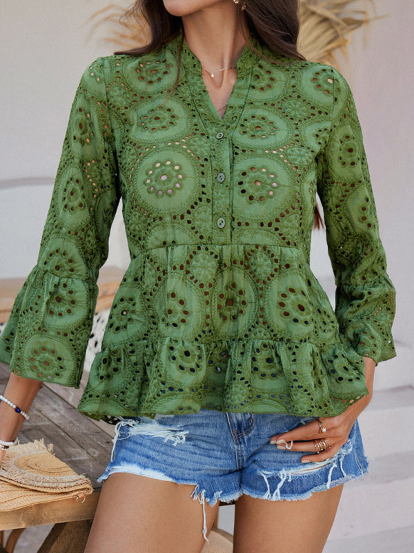 Blouses - Solid color hollow v-neck three-quarter sleeve shirt