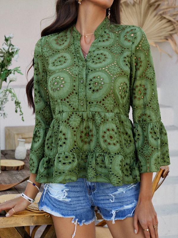 Blouses - Solid color hollow v-neck three-quarter sleeve shirt