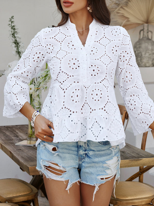 Blouses - Solid color hollow v-neck three-quarter sleeve shirt