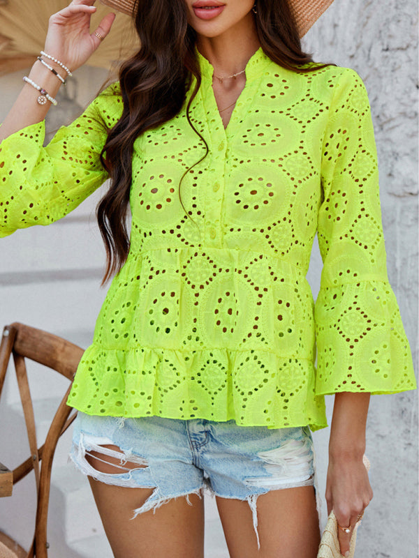 Blouses - Solid color hollow v-neck three-quarter sleeve shirt
