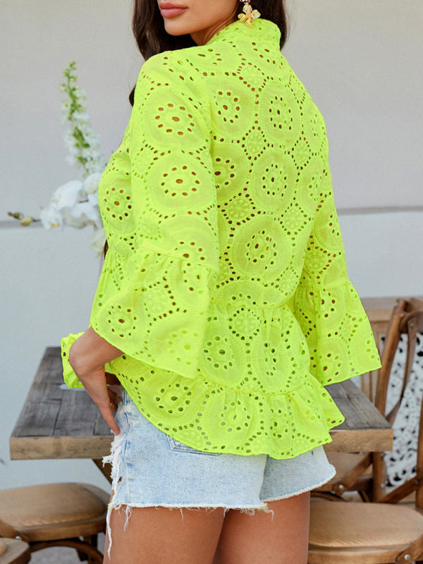 Blouses - Solid color hollow v-neck three-quarter sleeve shirt