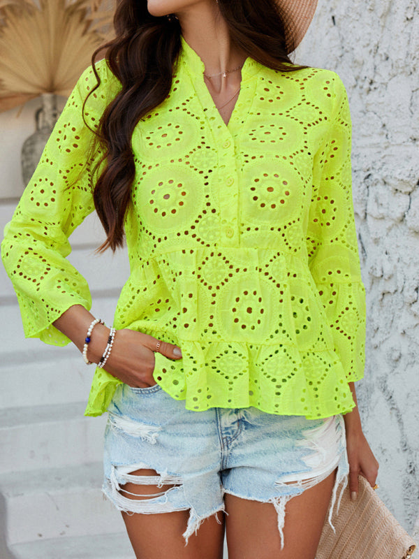 Blouses - Solid color hollow v-neck three-quarter sleeve shirt