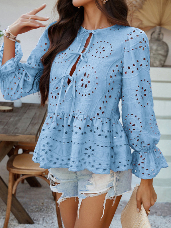 Blouses - Vacation Loose Lace-up Cardigan Solid Color Hollow Top