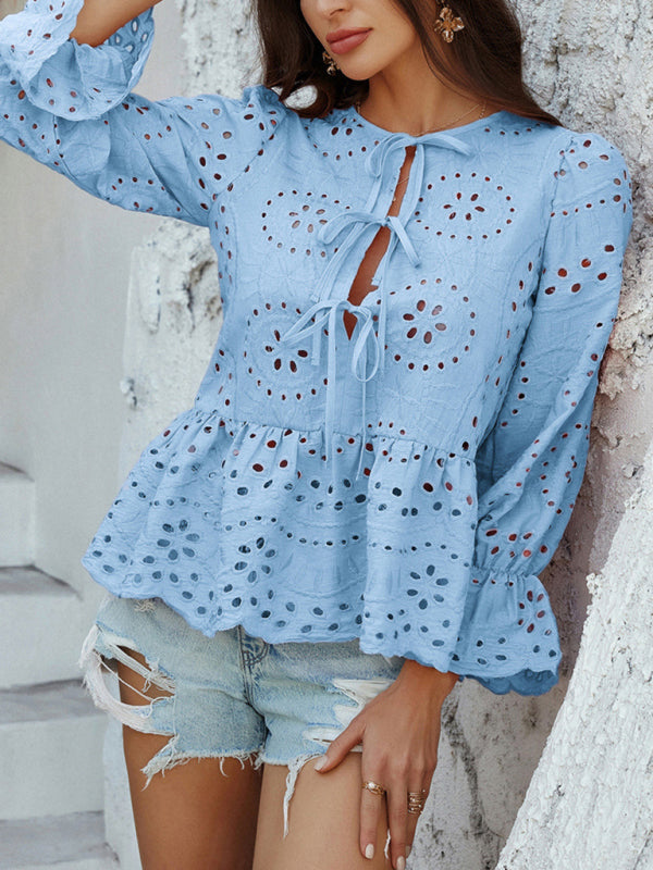 Blouses - Vacation Loose Lace-up Cardigan Solid Color Hollow Top
