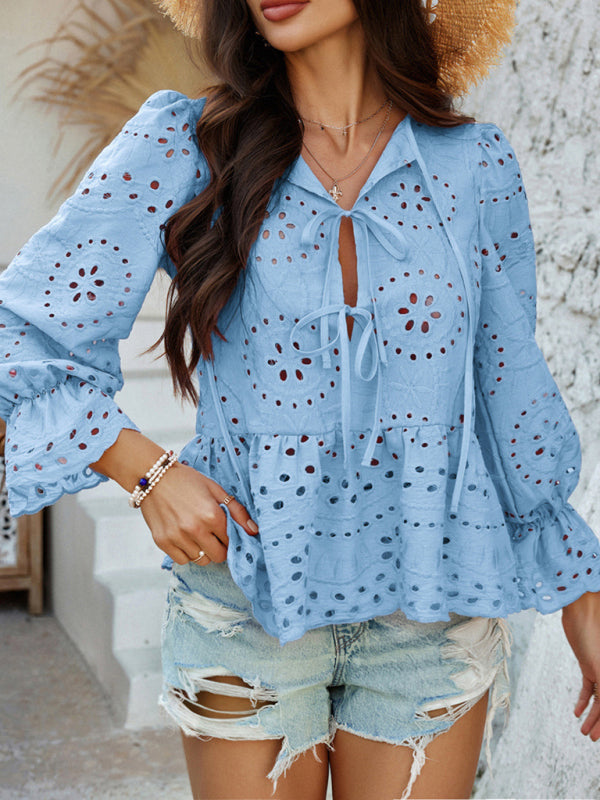 Blouses - Vacation Loose Lace-up Cardigan Solid Color Hollow Top