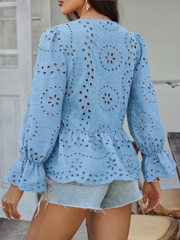Blouses - Vacation Loose Lace-up Cardigan Solid Color Hollow Top