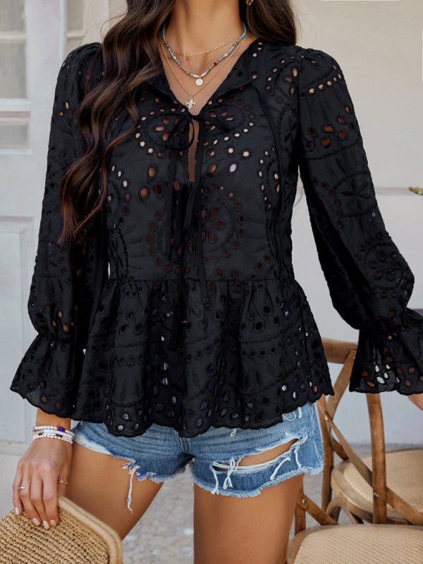 Blouses - Vacation Loose Lace-up Cardigan Solid Color Hollow Top