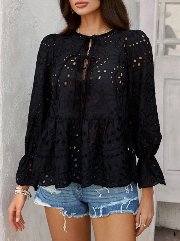 Blouses - Vacation Loose Lace-up Cardigan Solid Color Hollow Top
