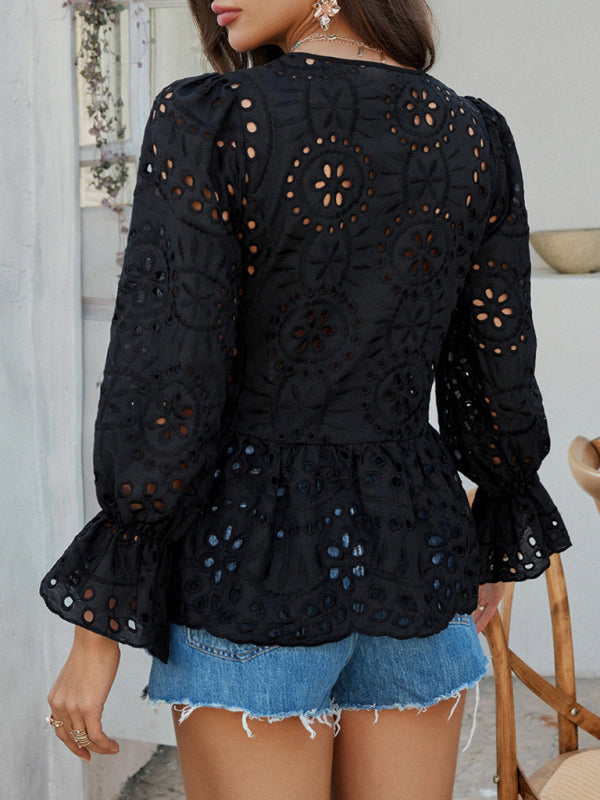 Blouses - Vacation Loose Lace-up Cardigan Solid Color Hollow Top
