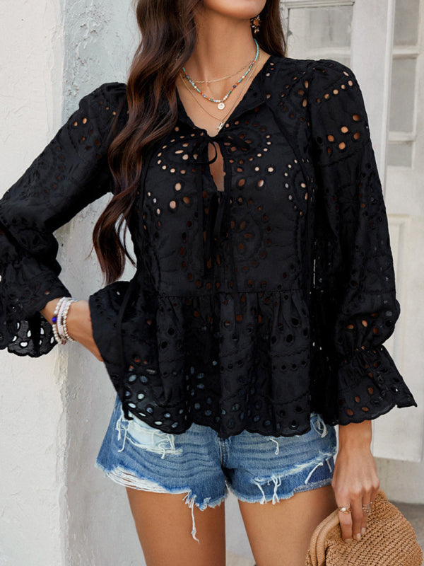 Blouses - Vacation Loose Lace-up Cardigan Solid Color Hollow Top