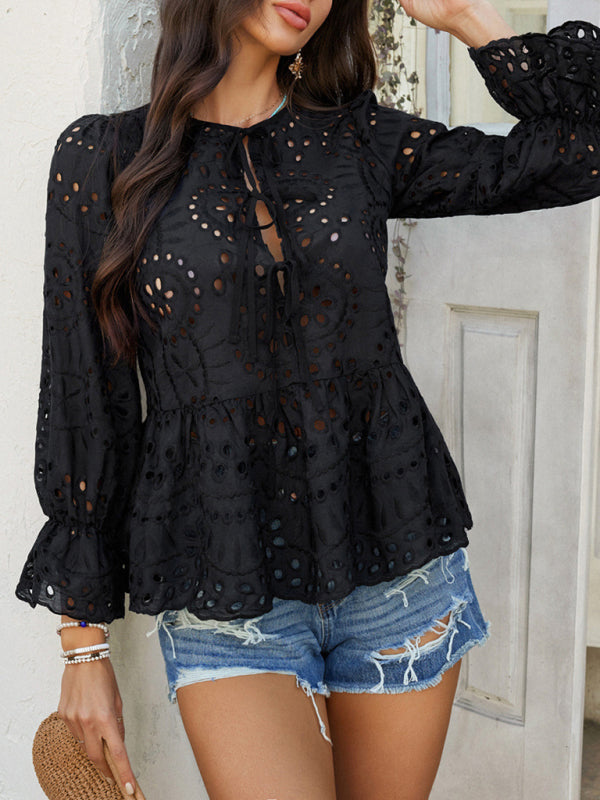 Blouses - Vacation Loose Lace-up Cardigan Solid Color Hollow Top
