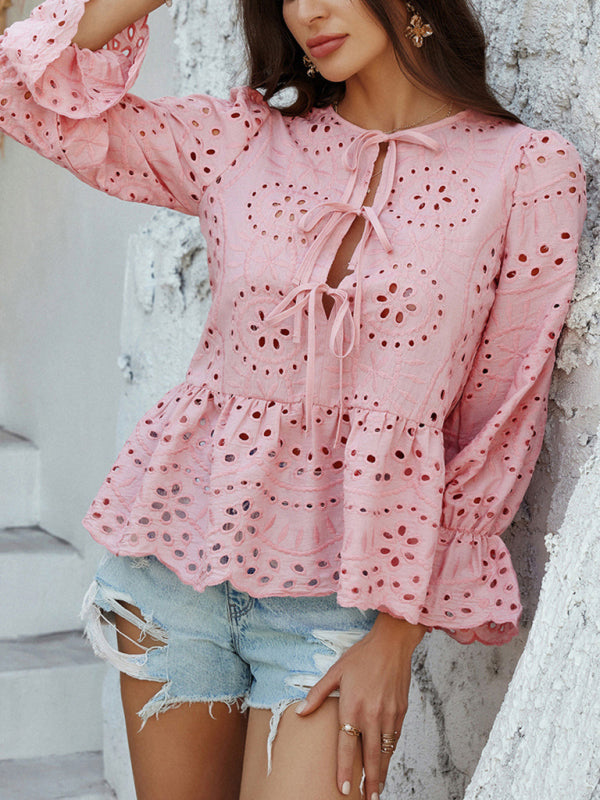 Blouses - Vacation Loose Lace-up Cardigan Solid Color Hollow Top