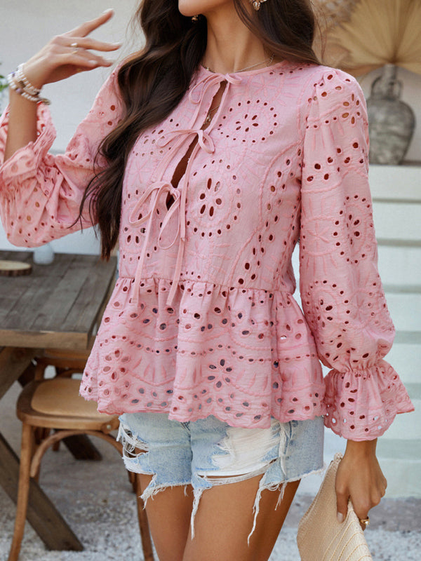 Blouses - Vacation Loose Lace-up Cardigan Solid Color Hollow Top