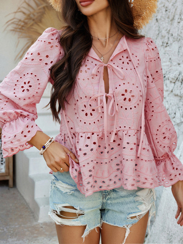 Blouses - Vacation Loose Lace-up Cardigan Solid Color Hollow Top