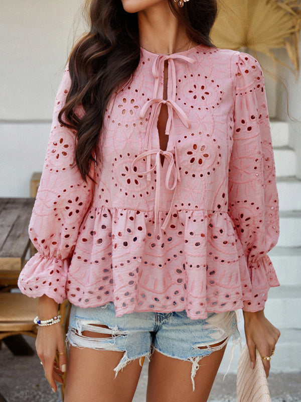 Blouses - Vacation Loose Lace-up Cardigan Solid Color Hollow Top