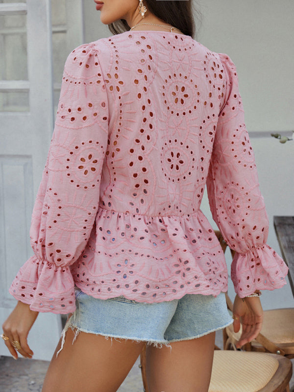Blouses - Vacation Loose Lace-up Cardigan Solid Color Hollow Top