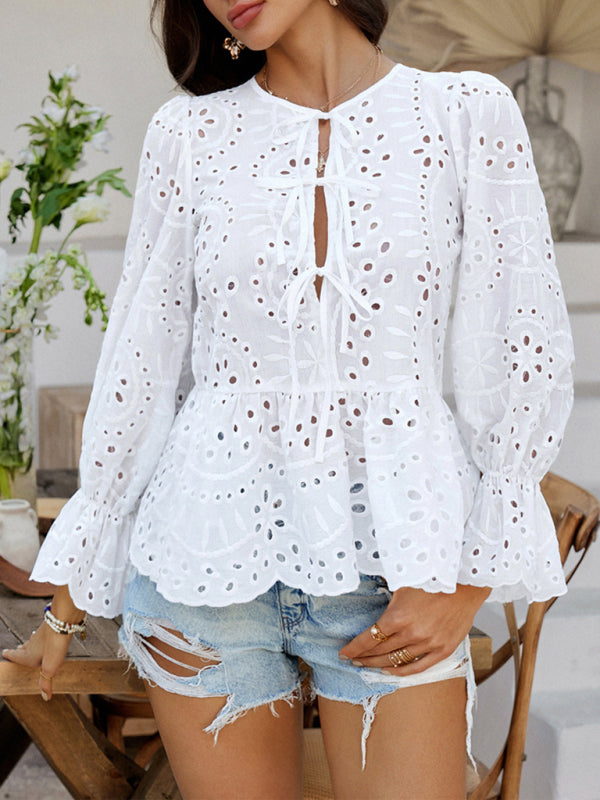 Blouses - Vacation Loose Lace-up Cardigan Solid Color Hollow Top