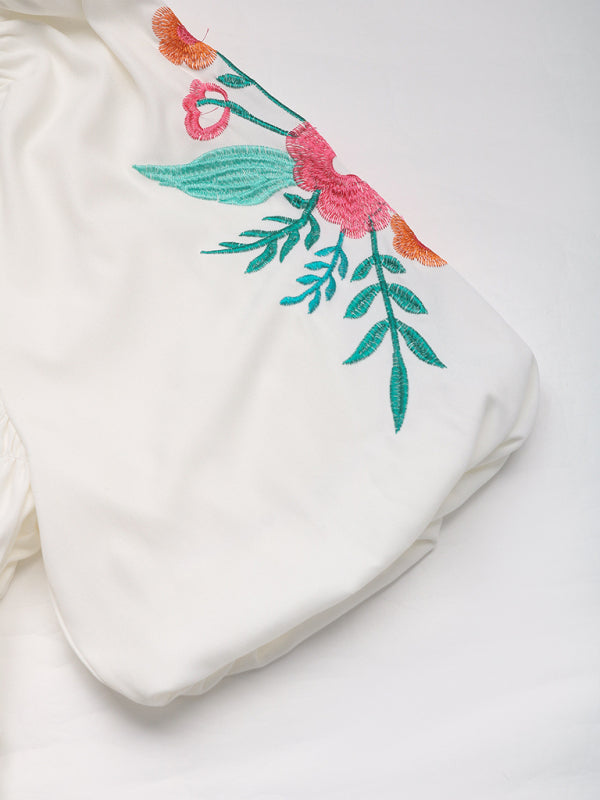 Blouses - Casual Puff Sleeve Shirt Square Neck Embroidered Shirt