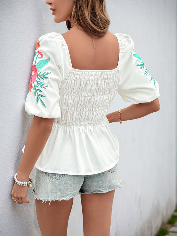 Blouses - Casual Puff Sleeve Shirt Square Neck Embroidered Shirt