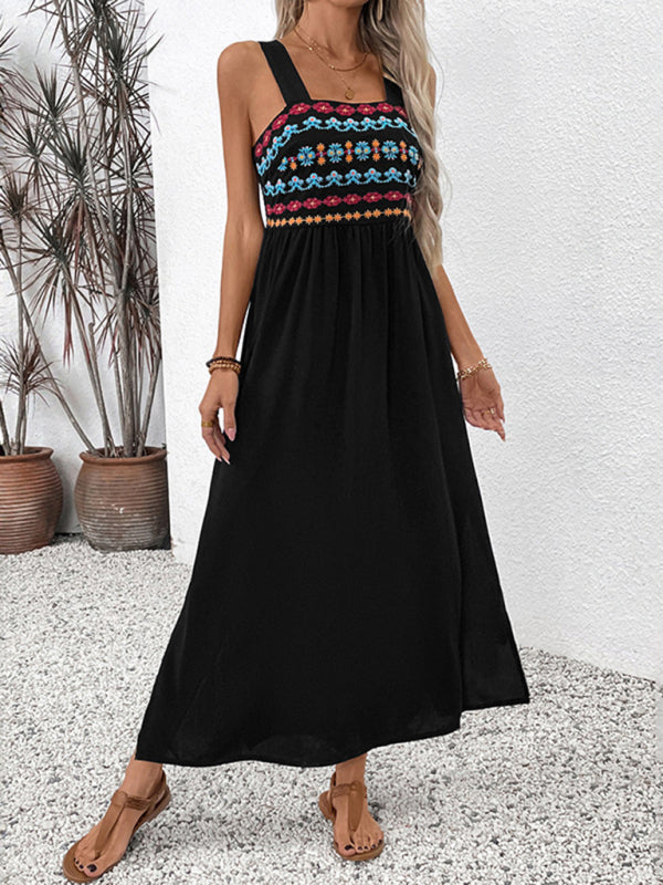 Boho Dresses - New Sleeveless Suspender Long Dress Ethnic Style Embroidery Splicing Dress
