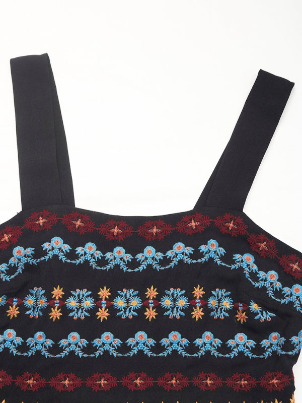 Boho Dresses - New Sleeveless Suspender Long Dress Ethnic Style Embroidery Splicing Dress