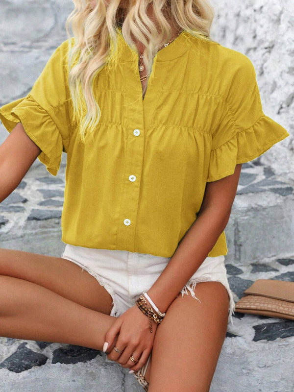 Casual short-sleeved gathered shirt solid color stand collar shirt