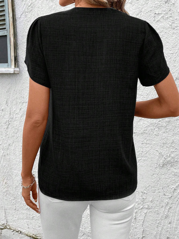 Blouses - Half-open collar short-sleeved shoulder wrinkled pullover solid color printed shirt