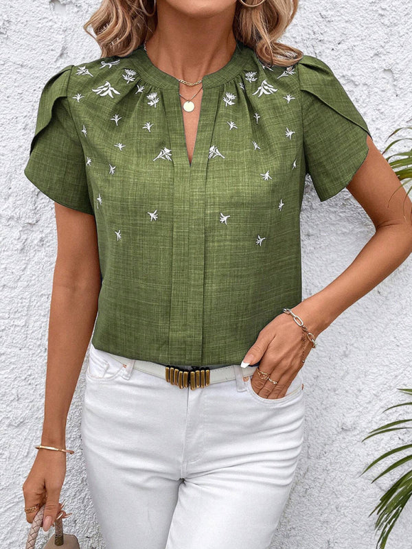 Blouses - Half-open collar short-sleeved shoulder wrinkled pullover solid color printed shirt