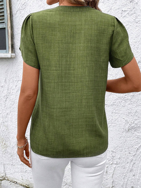 Blouses - Half-open collar short-sleeved shoulder wrinkled pullover solid color printed shirt