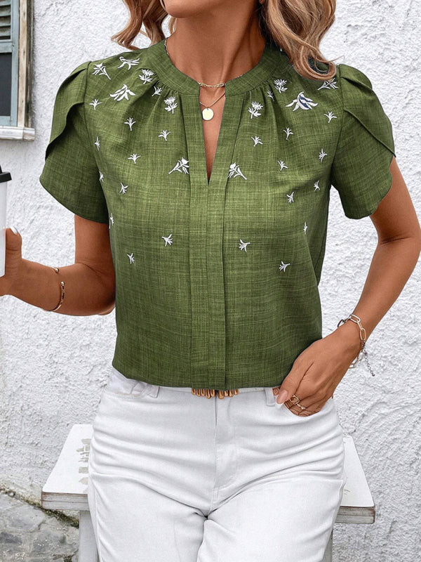 Blouses - Half-open collar short-sleeved shoulder wrinkled pullover solid color printed shirt