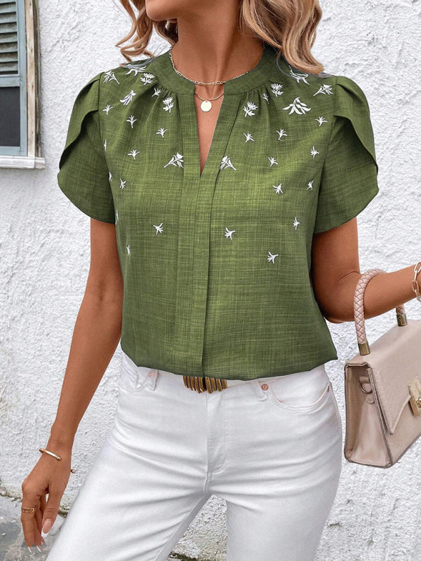 Blouses - Half-open collar short-sleeved shoulder wrinkled pullover solid color printed shirt