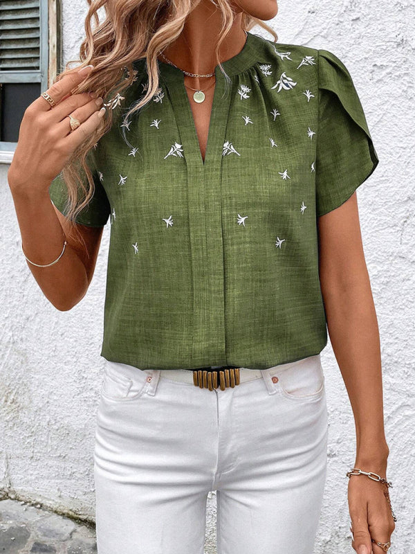 Blouses - Half-open collar short-sleeved shoulder wrinkled pullover solid color printed shirt
