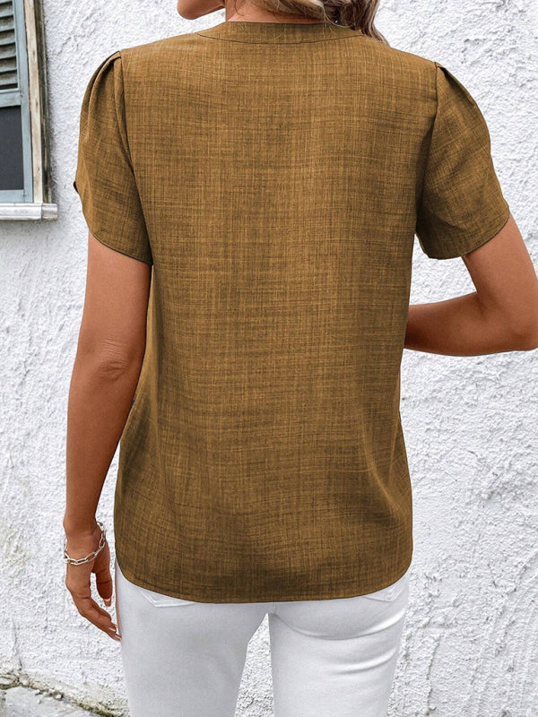 Blouses - Half-open collar short-sleeved shoulder wrinkled pullover solid color printed shirt