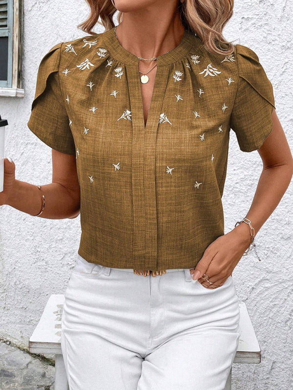 Blouses - Half-open collar short-sleeved shoulder wrinkled pullover solid color printed shirt
