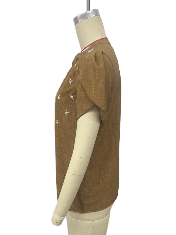 Blouses - Half-open collar short-sleeved shoulder wrinkled pullover solid color printed shirt