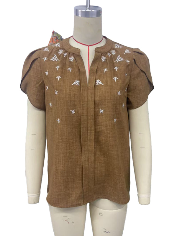 Blouses - Half-open collar short-sleeved shoulder wrinkled pullover solid color printed shirt