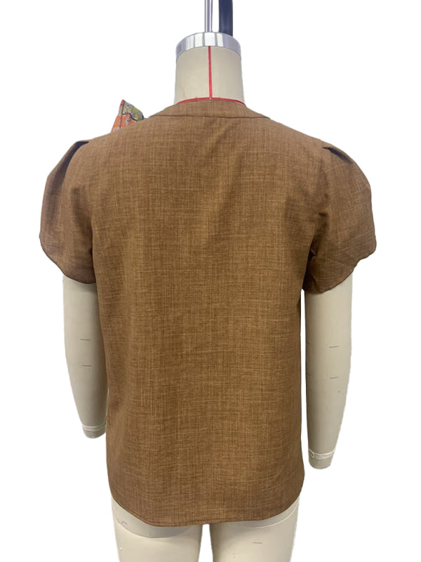 Blouses - Half-open collar short-sleeved shoulder wrinkled pullover solid color printed shirt