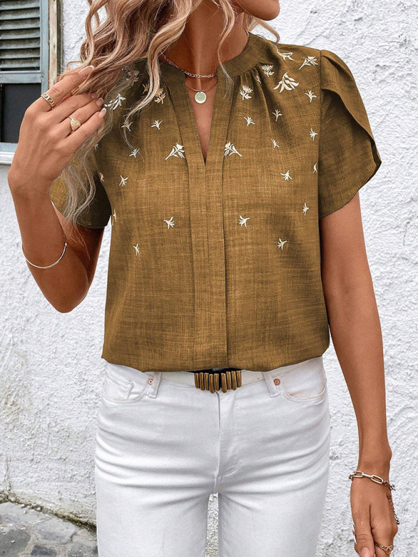 Blouses - Half-open collar short-sleeved shoulder wrinkled pullover solid color printed shirt