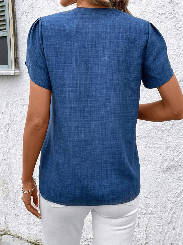 Blouses - Half-open collar short-sleeved shoulder wrinkled pullover solid color printed shirt