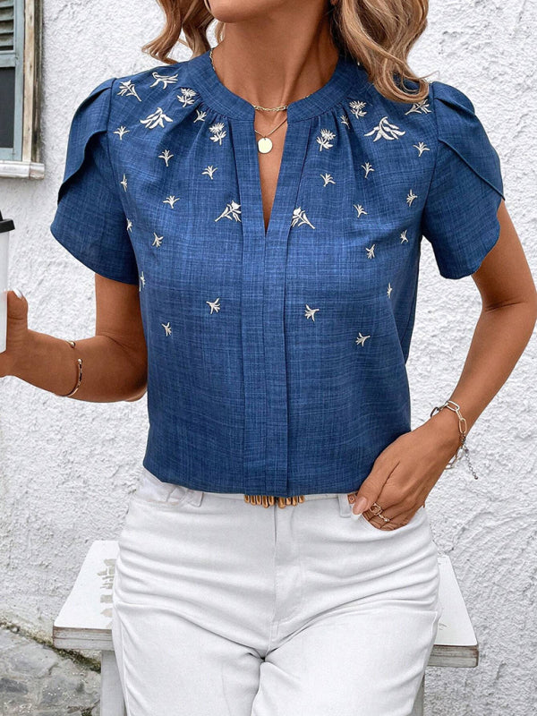 Blouses - Half-open collar short-sleeved shoulder wrinkled pullover solid color printed shirt