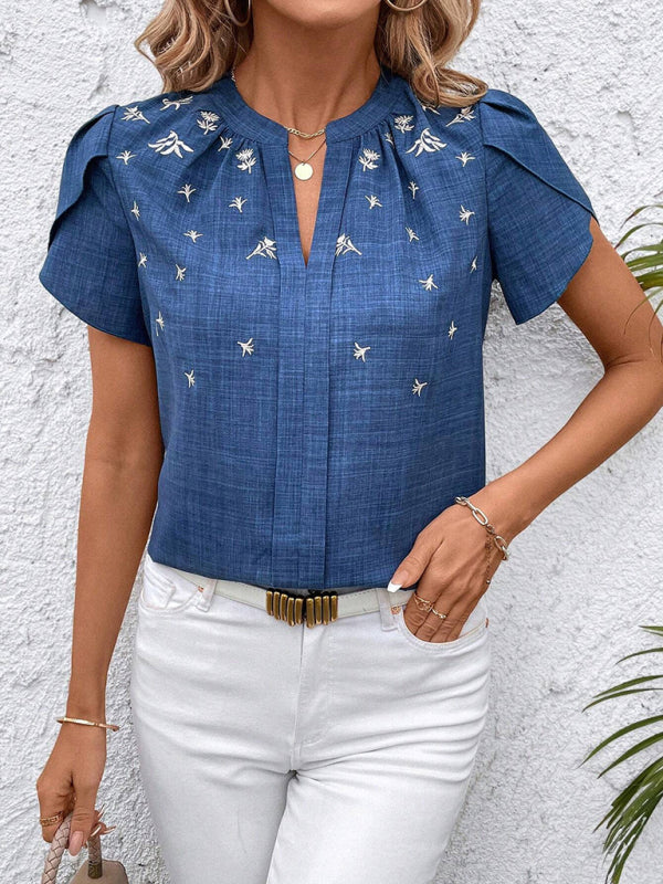 Blouses - Half-open collar short-sleeved shoulder wrinkled pullover solid color printed shirt
