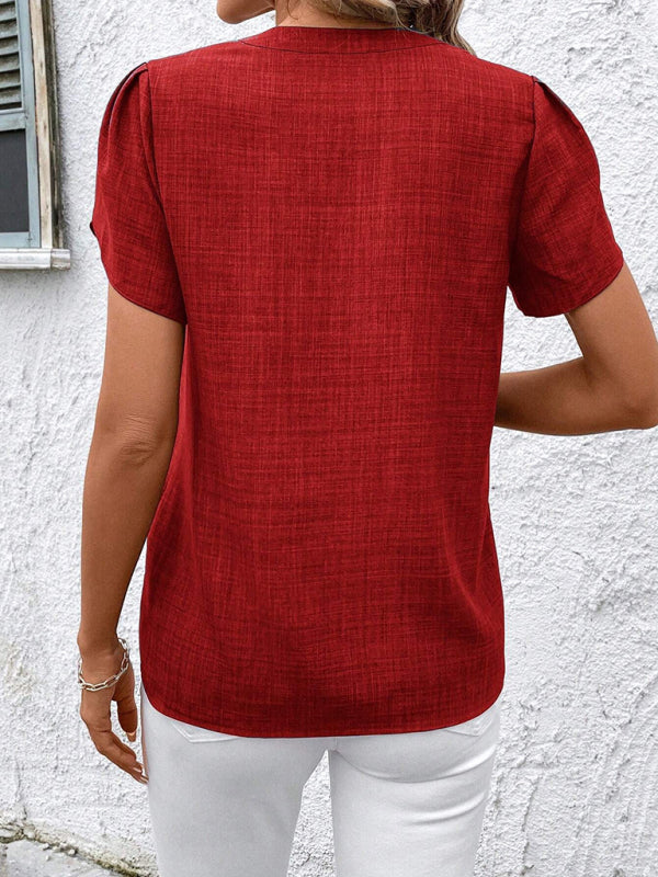 Blouses - Half-open collar short-sleeved shoulder wrinkled pullover solid color printed shirt