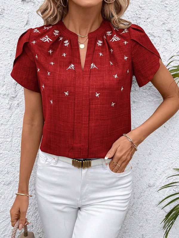 Blouses - Half-open collar short-sleeved shoulder wrinkled pullover solid color printed shirt