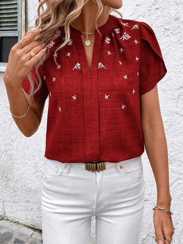 Blouses - Half-open collar short-sleeved shoulder wrinkled pullover solid color printed shirt