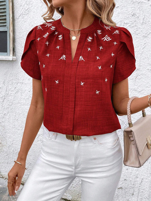 Blouses - Half-open collar short-sleeved shoulder wrinkled pullover solid color printed shirt