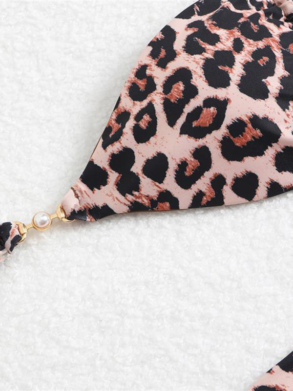 Bikinis - Three-point suspenders gathered leopard print sexy bikini