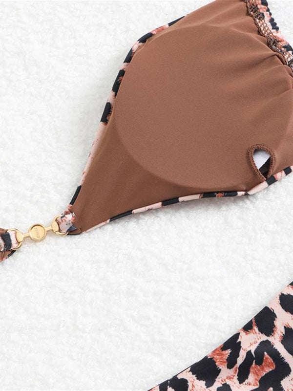Bikinis - Three-point suspenders gathered leopard print sexy bikini