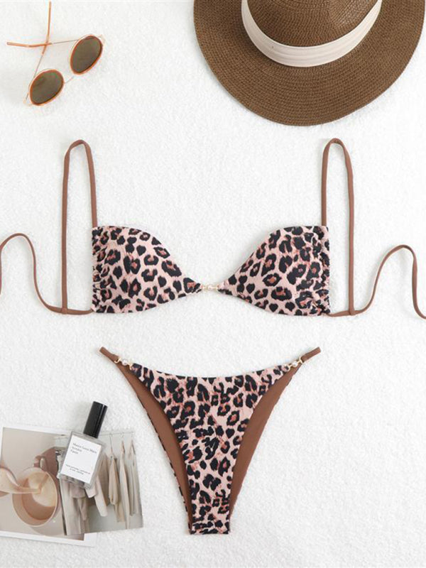 Bikinis - Three-point suspenders gathered leopard print sexy bikini