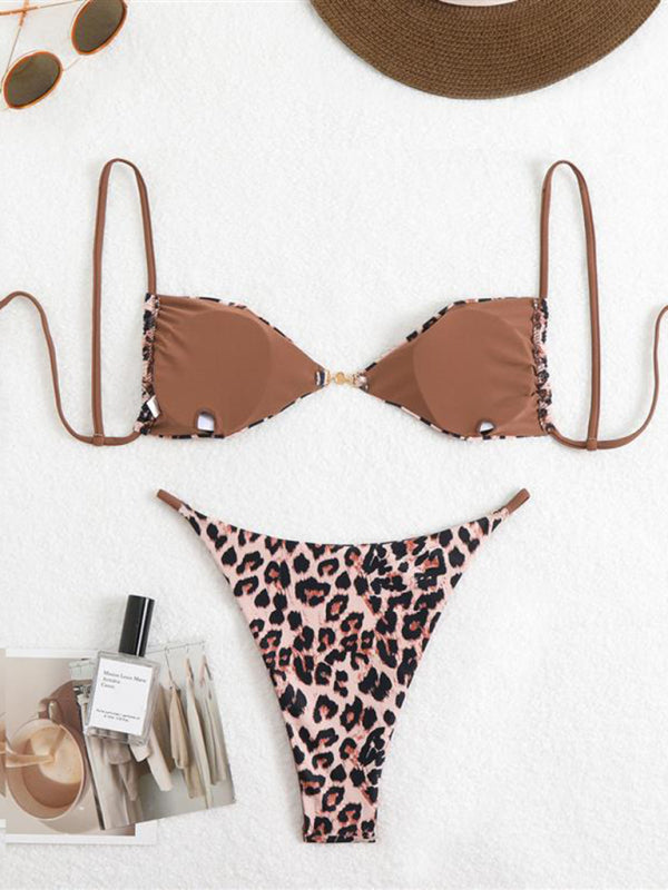 Bikinis - Three-point suspenders gathered leopard print sexy bikini