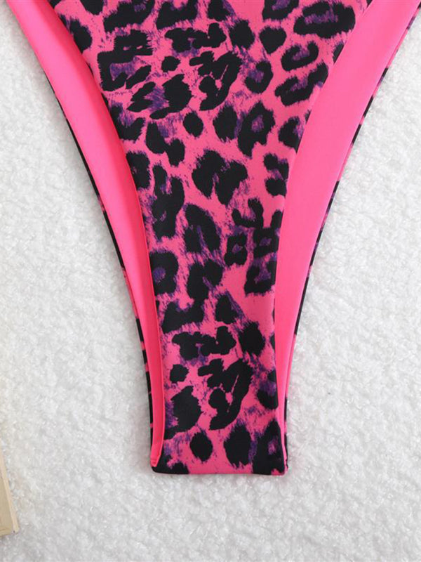 Bikinis - Three-point suspenders gathered leopard print sexy bikini